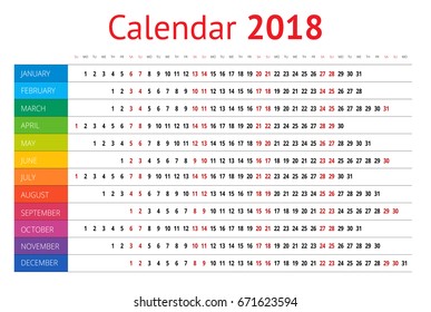2018 calendar. Print Template. Week Starts Sunday. Portrait Orientation. Set of 12 Months. Vector Planner for 2018 Year.