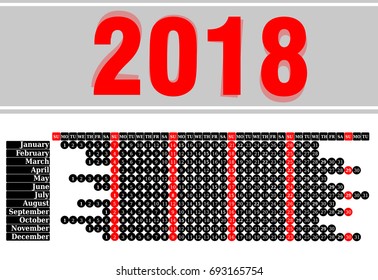 2018 calendar. Print Template. Week Starts Sunday. Portrait Orientation. Set of 12 Months. Planner for 2018 Year.