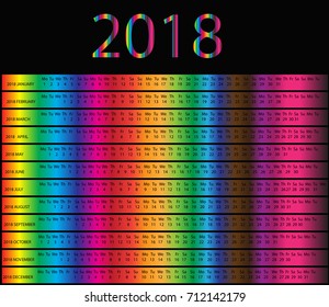 2018 calendar with rainbow colors 