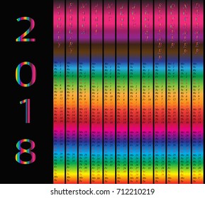 2018 calendar with rainbow colors