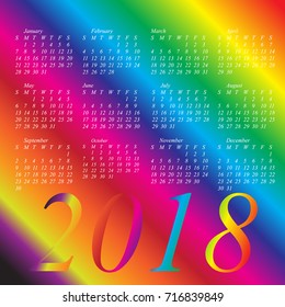 2018 calendar with rainbow colors