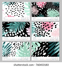 2018 calendar. Set of 6 months, 6 Doodle patterns. Week Starts Sunday. Calendar for 2018 vector template with abstract art pattern.