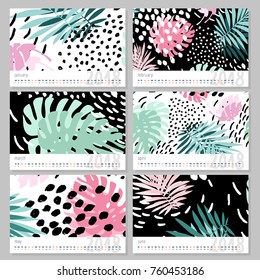 2018 calendar. Set of 6 months, 6 Doodle patterns. Week Starts Sunday. Calendar for 2018 vector template with abstract art pattern.