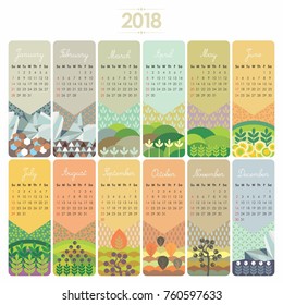 2018 Calendar set with vertical banners or cards. Weeks start with Sunday.