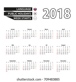 2018 calendar in Slovak language. Week starts from Sunday. Vector Illustration.