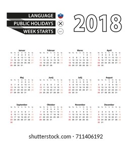 2018 calendar in Slovenian language. Week starts from Sunday. Vector Illustration.