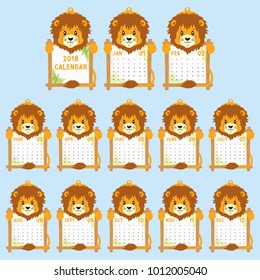 2018 calendar template. 2018 animal shaped calendar, cute and funny lion holding calendar. printable 2018 calendar cartoon vector.