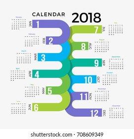 2018 Calendar template. Colorful Creative happy new year calendar design template