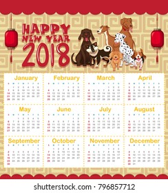2018 calendar template with many cute dogs illustration