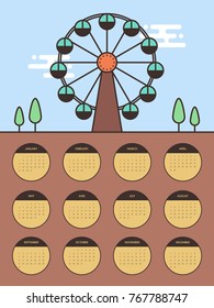 2018 calendar template modern flat design for a year, amusement park, vector illustration