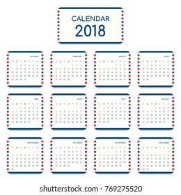 2018 calendar template modern flat design for a year, starts week from Sunday, vector illustration