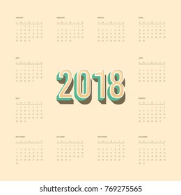 2018 calendar template modern flat design for a year, starts week from Sunday, vector illustration