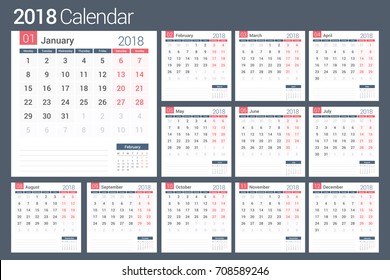 2018 Calendar template, planner, 12 pages, vector eps10 illustration