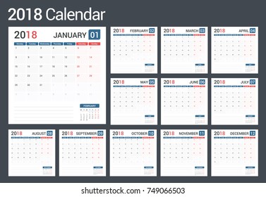 2018 Calendar template, planner, 12 pages, vector eps10 illustration
