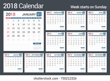 2018 Calendar template, planner, 12 pages, week starts on Sunday, vector eps10 illustration