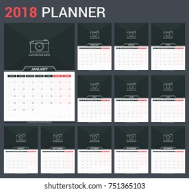 2018 Calendar template, planner, 12 pages, vector eps10 illustration