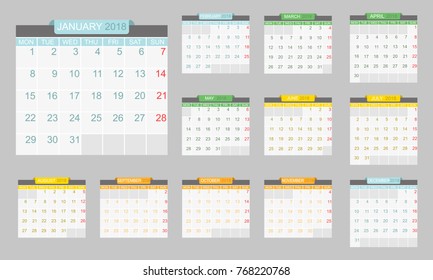 2018 Calendar template, planner, 12 pages