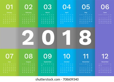 2018 Calendar template. Simple Minimal Calendar template design with week starting sunday in green blue gradient