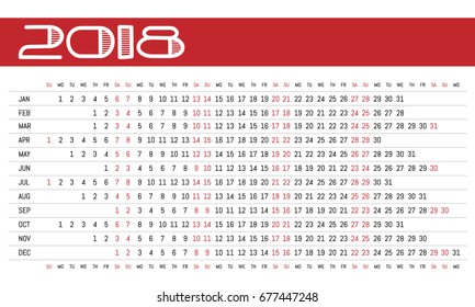 2018 calendar. Template for your design works. Vector illustration.