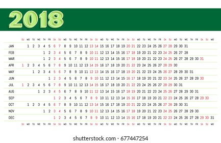 2018 calendar. Template for your design works. Vector illustration.