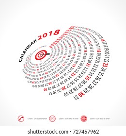 2018 Calendar Template.Spiral calendar.Calendar 2018 Set of 12 Months.Vector design stationery template.Week starts Monday.