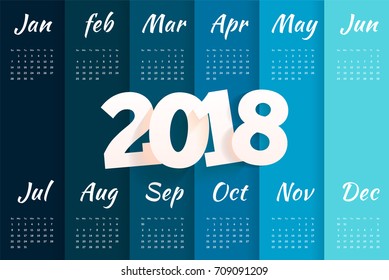 2018 Calendar template.Stylish Simple Minimal Calendar template design with week starting sunday in blue gradient