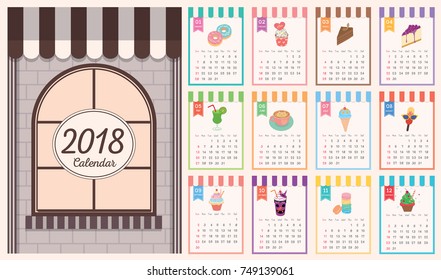 2018 Calendar For Twelve Month Of Year Design With Dessert And Drink On Cute Cafe Colorful Background Template.