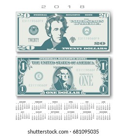2018 Calendar with two US bills greatly simplified and stylized 