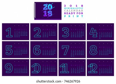 2018 Calendar Vector Design Set in Futuristic and Memphis 3D Flat Style with Dark Background and Abstract Illustration Typography ready for Print on Isolated Pages, use in Web, Card