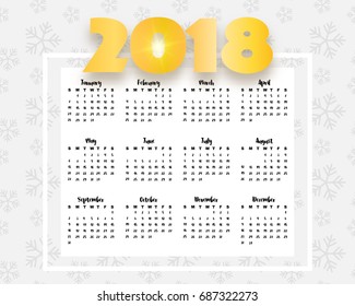 2018 calendar vector illustration. Hand drawn font, golden 2018 numbers, sparkle, black letters, white background, snowflakes pattern. Winter creative monthly planner.