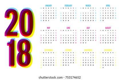 2018 Calendar Vector Illustration Simple Clear Week Start from Sunday