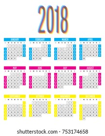 2018 Calendar Vector Illustration Simple Clear Week Start from Sunday