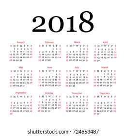 2018 Calendar. Vector Planner. Simple design with every week starting from sunday.