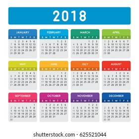 2018 Calendar vector template, colorful design calendar. Editable vector, eps10, isolated background.
