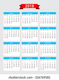 2018 calendar week start sunday vector eps10