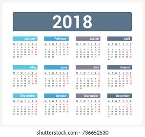 2018 Calendar, week starts on Monday, vector eps10 illustration