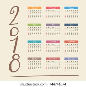 2018 Calendar, week starts on Sunday, vector eps10 illustration