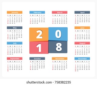 2018 Calendar, week starts on Sunday, vector eps10 illustration