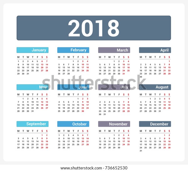 2018 Calendar Week Starts On Monday Stock Vector (Royalty Free ...