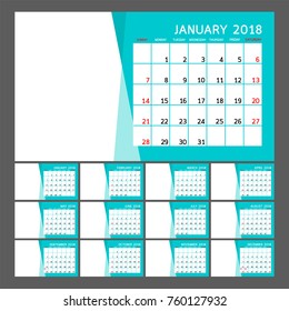 2018 Calendar year design. Vector illustration Template. Set of twelve Months. Week Starts Sunday.