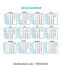 2018 calendar year isolated on white background