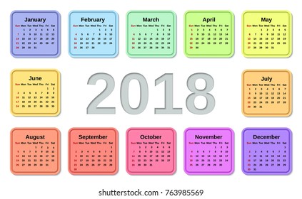 2018 calendar year. Vector graphics. Week starts Sunday. Design stationery template. Colorful illustration. Yearly calendar organizer on white background. 