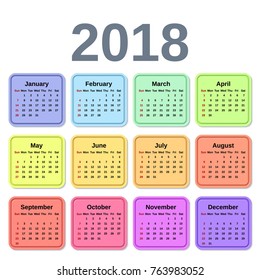 2018 Calendar year. Week starts Sunday. Vector graphic. Design stationery template. Colorful illustration. Yearly calendar organizer on white background
