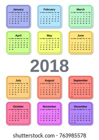 2018 Calendar year. Week starts Sunday. Vector graphics. Design stationery template. Yearly calendar organizer on white background. 