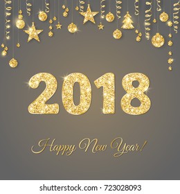 2018 card with glitter typography design. Golden sparkling numbers. Golden glitter border, garland with hanging balls and ribbons. Great for calendars, New year and Christmas cards, party posters. 