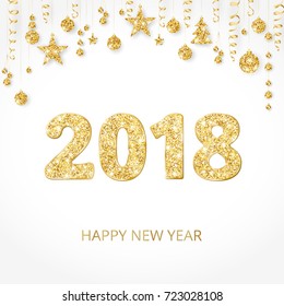 2018 card with glitter typography design. Golden sparkling numbers. Golden glitter border, garland with hanging balls and ribbons. Great for calendars, New year and Christmas cards, party posters. 