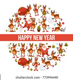 2018 cartoon Santa and deer poster or greeting card design template for Christmas and New Year.
