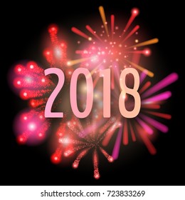 2018 celebration banner with colorful and bright red vector fireworks on dark background. Vector illustration for your graphic design.