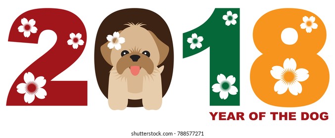 2018 Chinese Lunar New Year of the Dog Numeral with Shih Tzu Puppy Color Vector Illustration