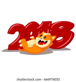 2018 Chinese New Year with cute cartoon yellow dog. Vector illustration isolated on a white background. Greeting card design template.